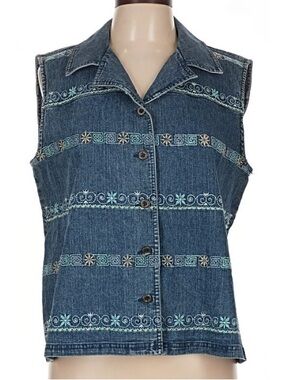 Vintage Blue Denim Sleeveless Embroidered Button-Front Vest